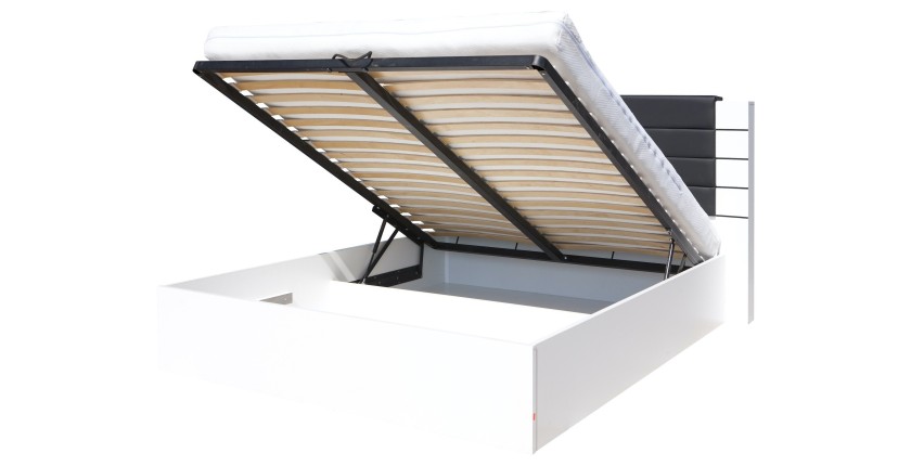 Lit double 180 cm avec option coffre LINA. Coloris noir et blanc brillant avec une finition en simili cuir. Sommier inclus
