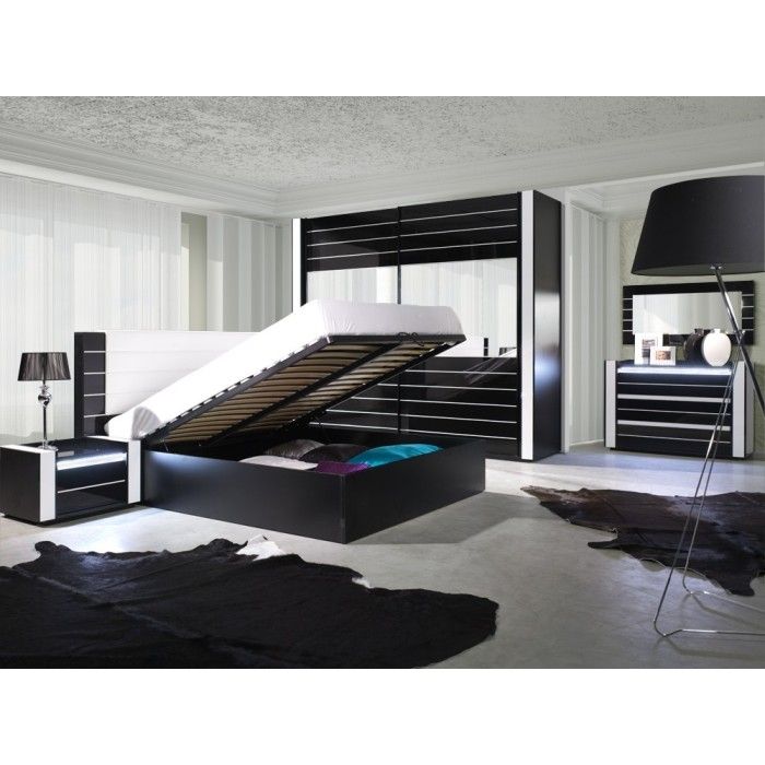 Lit double 180 cm avec option coffre LINA. Coloris noir et blanc brillant avec une finition en simili cuir. Sommier inclus