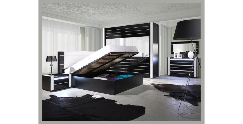 Lit double 180 cm avec option coffre LINA. Coloris noir et blanc brillant avec une finition en simili cuir. Sommier inclus
