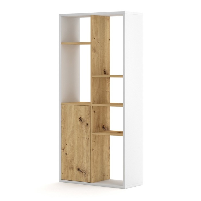 Étagère design JERICHO, 160 cm, 6 niches, design et moderne, coloris blanc mat et chêne