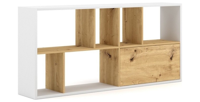 Étagère design JERICHO, 160 cm, 6 niches, design et moderne, coloris blanc mat et chêne