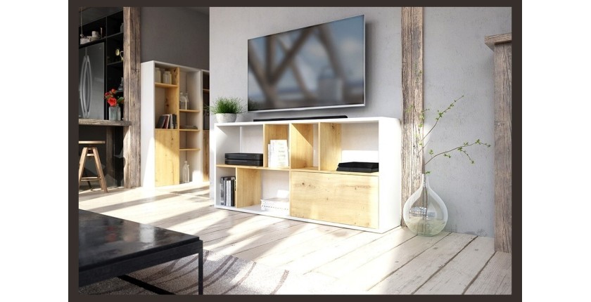 Étagère design JERICHO, 160 cm, 6 niches, design et moderne, coloris blanc mat et chêne
