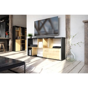 Étagère design JERICHO, 160 cm, 6 niches, design et moderne, coloris noir mat et chêne