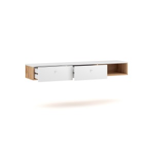 Console murale design RULIA, 140 cm, 2 tiroirs et 1 niche. Coloris chêne et blanc
