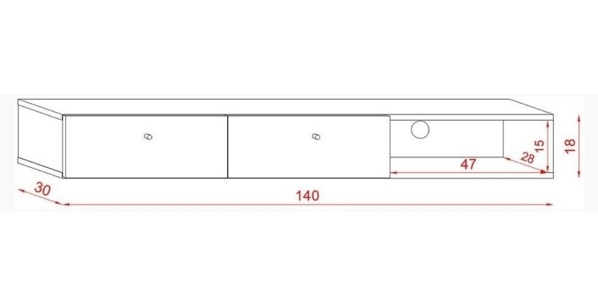 Console murale design RULIA, 140 cm, 2 tiroirs et 1 niche. Coloris chêne et blanc