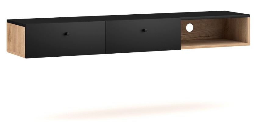 Console murale design RULIA, 140 cm, 2 tiroirs et 1 niche. Coloris chêne et noir