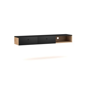 Console murale design RULIA, 140 cm, 2 tiroirs et 1 niche. Coloris chêne et noir