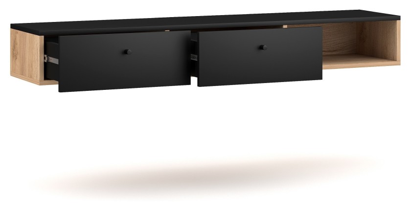 Console murale design RULIA, 140 cm, 2 tiroirs et 1 niche. Coloris chêne et noir