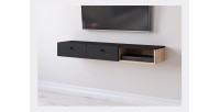 Console murale design RULIA, 140 cm, 2 tiroirs et 1 niche. Coloris chêne et noir