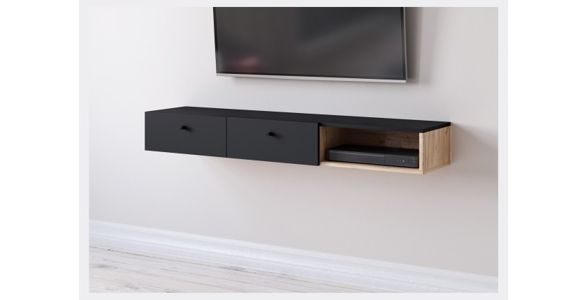 Console murale design RULIA, 140 cm, 2 tiroirs et 1 niche. Coloris chêne et noir