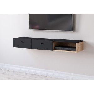 Console murale design RULIA, 140 cm, 2 tiroirs et 1 niche. Coloris chêne et noir