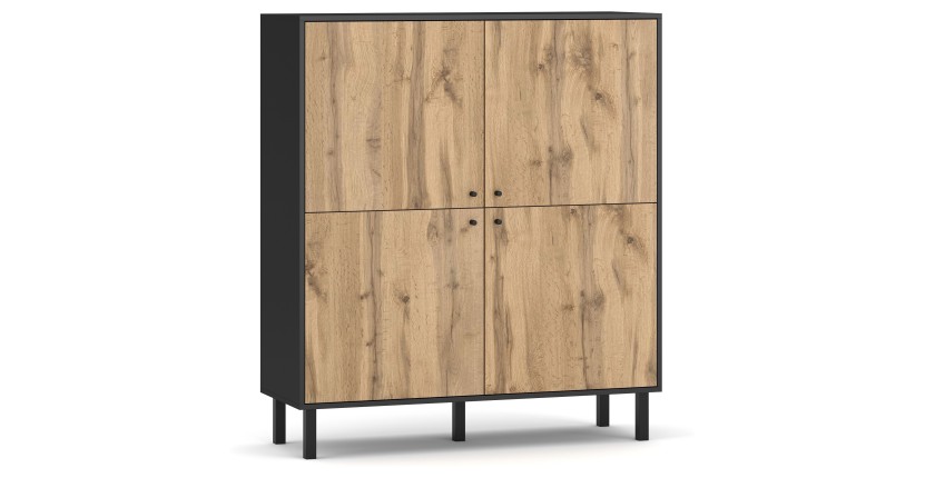 Buffet haut style industrielle SPEBO,  4 portes, coloris noir et chêne