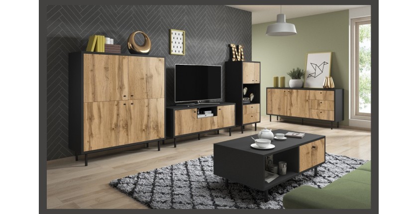 Buffet haut style industrielle SPEBO,  4 portes, coloris noir et chêne