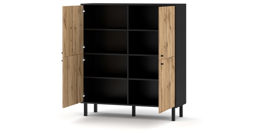Buffet haut style industrielle SPEBO,  4 portes, coloris noir et chêne