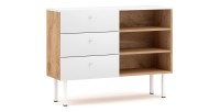 Commode moderne RULIA, 100cm, 3 tiroirs et 3 niches, coloris chêne et blanc mat