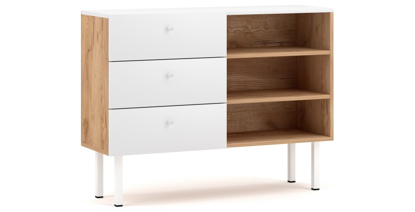 Commode moderne RULIA, 100cm, 3 tiroirs et 3 niches, coloris chêne et blanc mat
