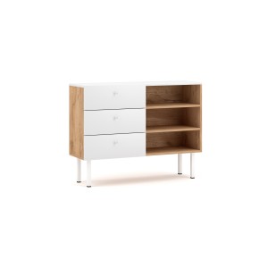 Commode moderne RULIA, 100cm, 3 tiroirs et 3 niches, coloris chêne et blanc mat