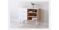 Commode moderne RULIA, 100cm, 3 tiroirs et 3 niches, coloris chêne et blanc mat