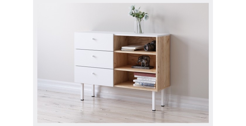 Commode moderne RULIA, 100cm, 3 tiroirs et 3 niches, coloris chêne et blanc mat