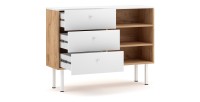 Commode moderne RULIA, 100cm, 3 tiroirs et 3 niches, coloris chêne et blanc mat