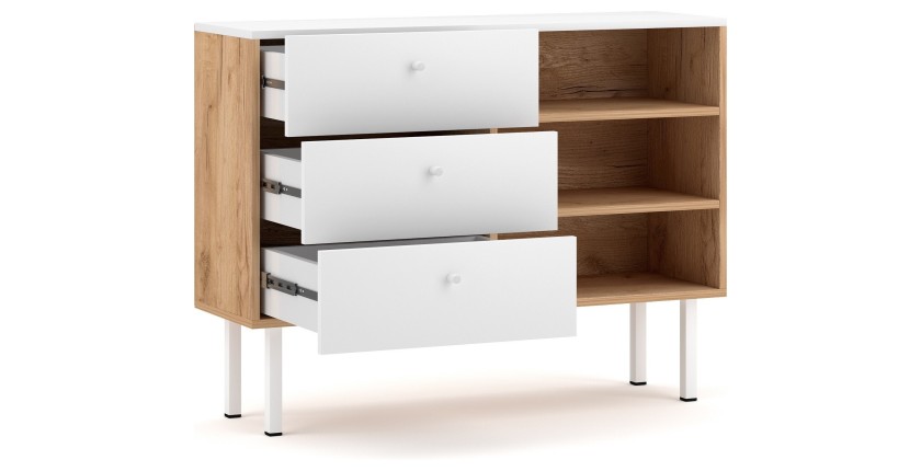 Commode moderne RULIA, 100cm, 3 tiroirs et 3 niches, coloris chêne et blanc mat