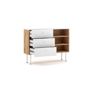 Commode moderne RULIA, 100cm, 3 tiroirs et 3 niches, coloris chêne et blanc mat