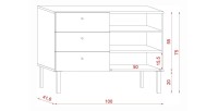 Commode moderne RULIA, 100cm, 3 tiroirs et 3 niches, coloris chêne et blanc mat