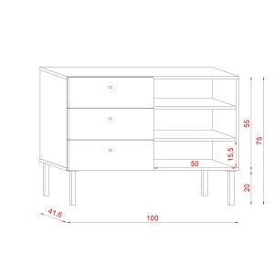 Commode moderne RULIA, 100cm, 3 tiroirs et 3 niches, coloris chêne et blanc mat