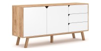 Buffet bas type scandinave collection AOMORI 2 portes et 3 tiroirs, coloris hêtre et blanc mat