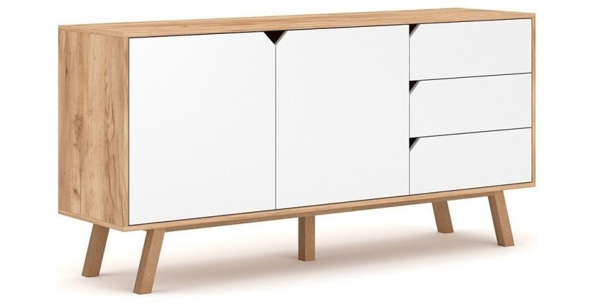 Buffet bas type scandinave collection AOMORI 2 portes et 3 tiroirs, coloris hêtre et blanc mat