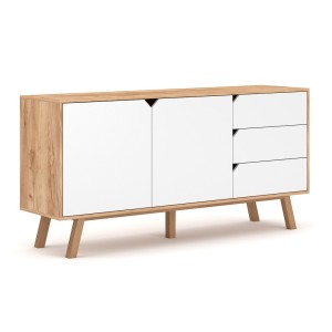 Buffet bas type scandinave collection AOMORI 2 portes et 3 tiroirs, coloris hêtre et blanc mat