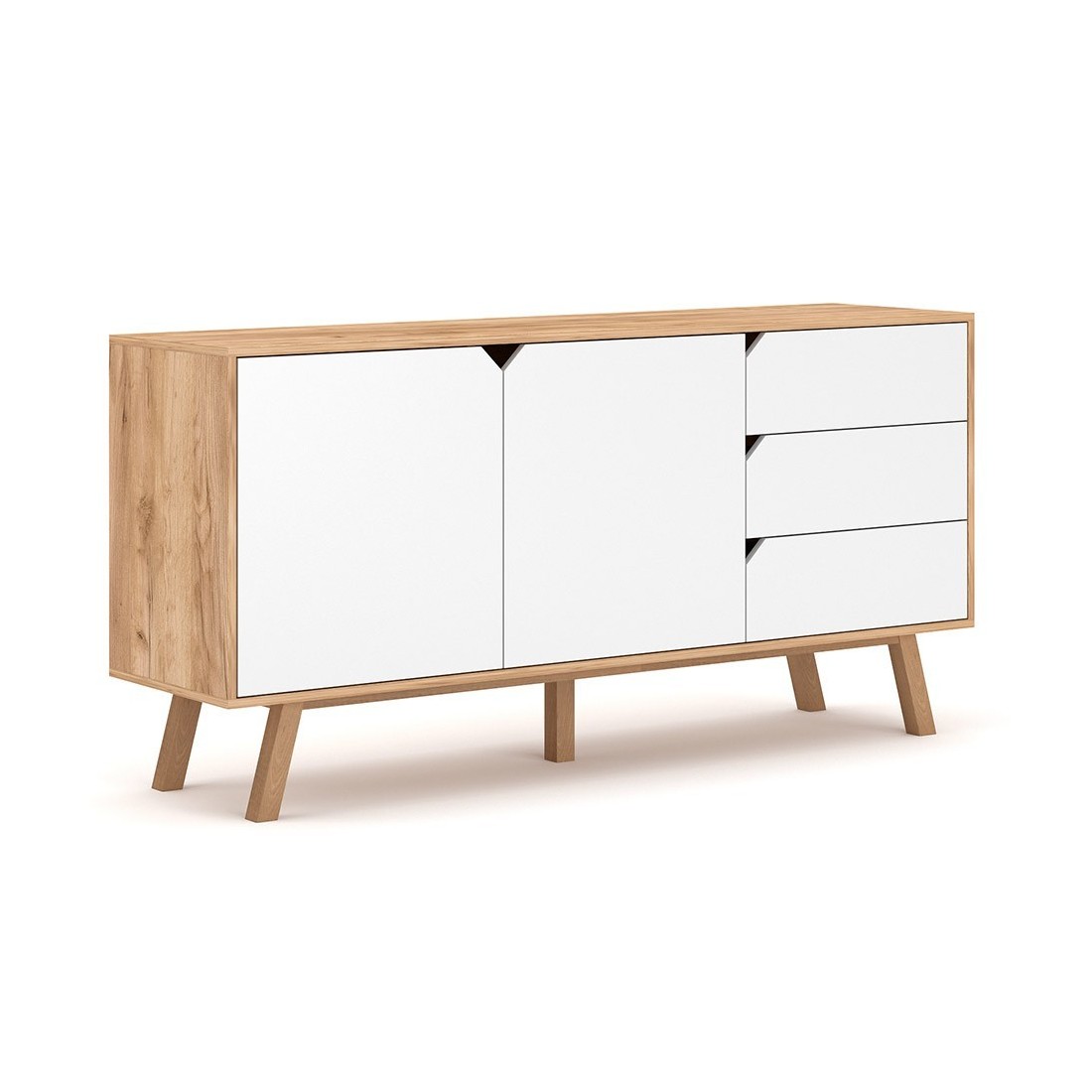 Buffet bas type scandinave collection AOMORI 2 portes et 3 tiroirs, coloris hêtre et blanc mat