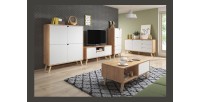 Buffet bas type scandinave collection AOMORI 2 portes et 3 tiroirs, coloris hêtre et blanc mat