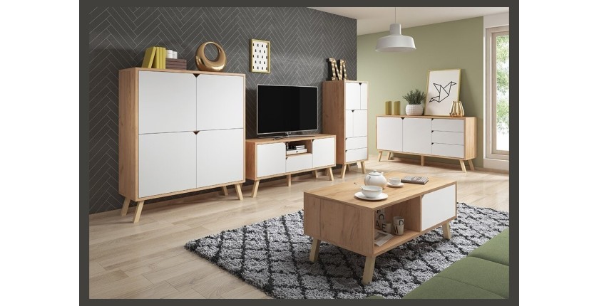 Buffet bas type scandinave collection AOMORI 2 portes et 3 tiroirs, coloris hêtre et blanc mat