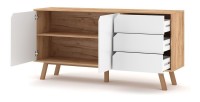 Buffet bas type scandinave collection AOMORI 2 portes et 3 tiroirs, coloris hêtre et blanc mat