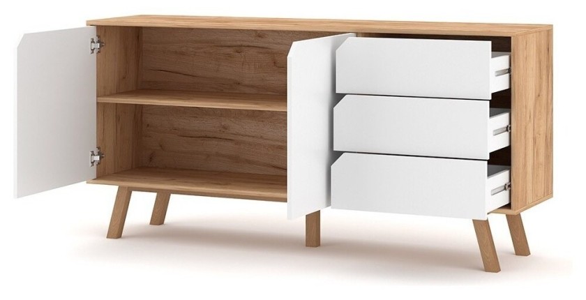 Buffet bas type scandinave collection AOMORI 2 portes et 3 tiroirs, coloris hêtre et blanc mat