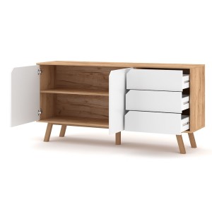 Buffet bas type scandinave collection AOMORI 2 portes et 3 tiroirs, coloris hêtre et blanc mat