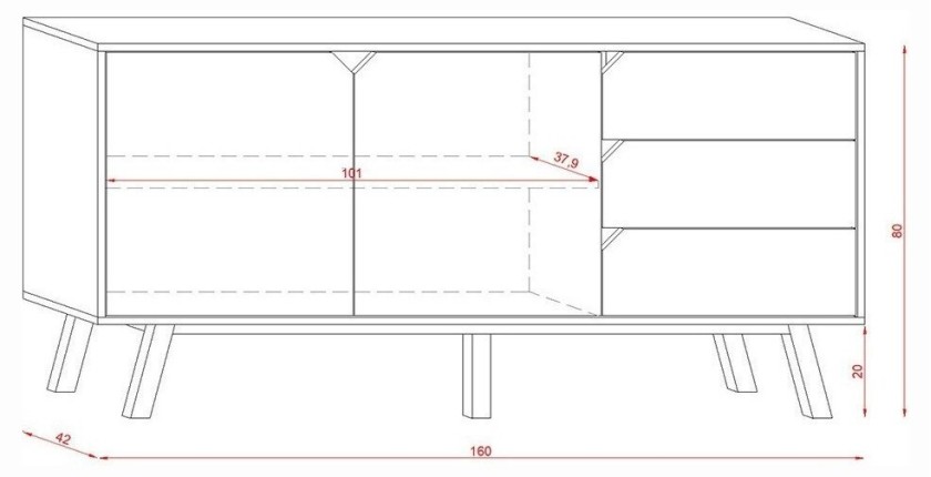Buffet bas type scandinave collection AOMORI 2 portes et 3 tiroirs, coloris hêtre et blanc mat