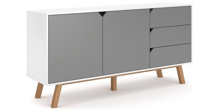 Buffet bas type scandinave collection AOMORI 2 portes et 3 tiroirs, coloris gris et blanc mat