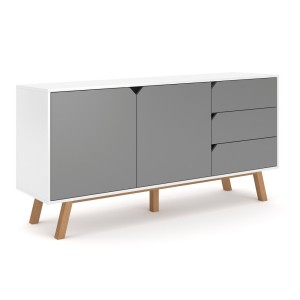 Buffet bas type scandinave collection AOMORI 2 portes et 3 tiroirs, coloris gris et blanc mat