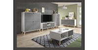 Buffet bas type scandinave collection AOMORI 2 portes et 3 tiroirs, coloris gris et blanc mat
