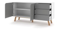 Buffet bas type scandinave collection AOMORI 2 portes et 3 tiroirs, coloris gris et blanc mat