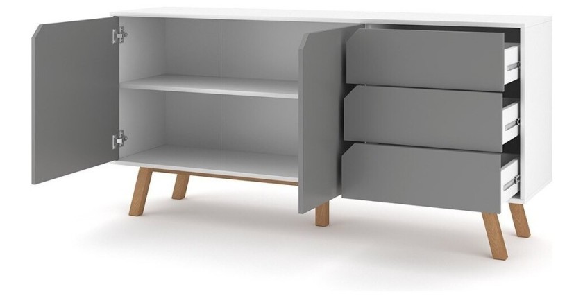 Buffet bas type scandinave collection AOMORI 2 portes et 3 tiroirs, coloris gris et blanc mat