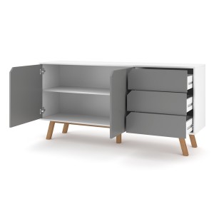 Buffet bas type scandinave collection AOMORI 2 portes et 3 tiroirs, coloris gris et blanc mat