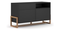 Commode design GEILO, 140 cm, 1 tiroir et 2 portes, coloris noir mat et hêtre
