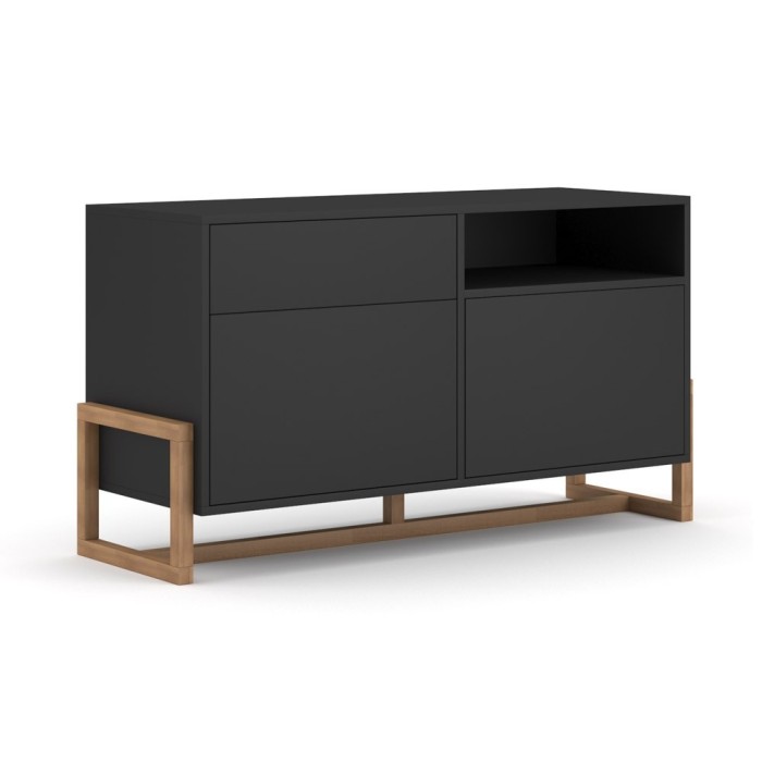 Commode design GEILO, 140 cm, 1 tiroir et 2 portes, coloris noir mat et hêtre