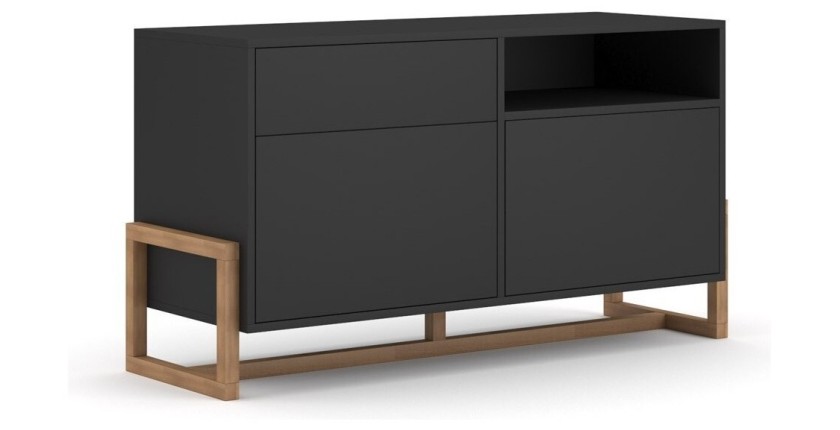 Commode design GEILO, 140 cm, 1 tiroir et 2 portes, coloris noir mat et hêtre
