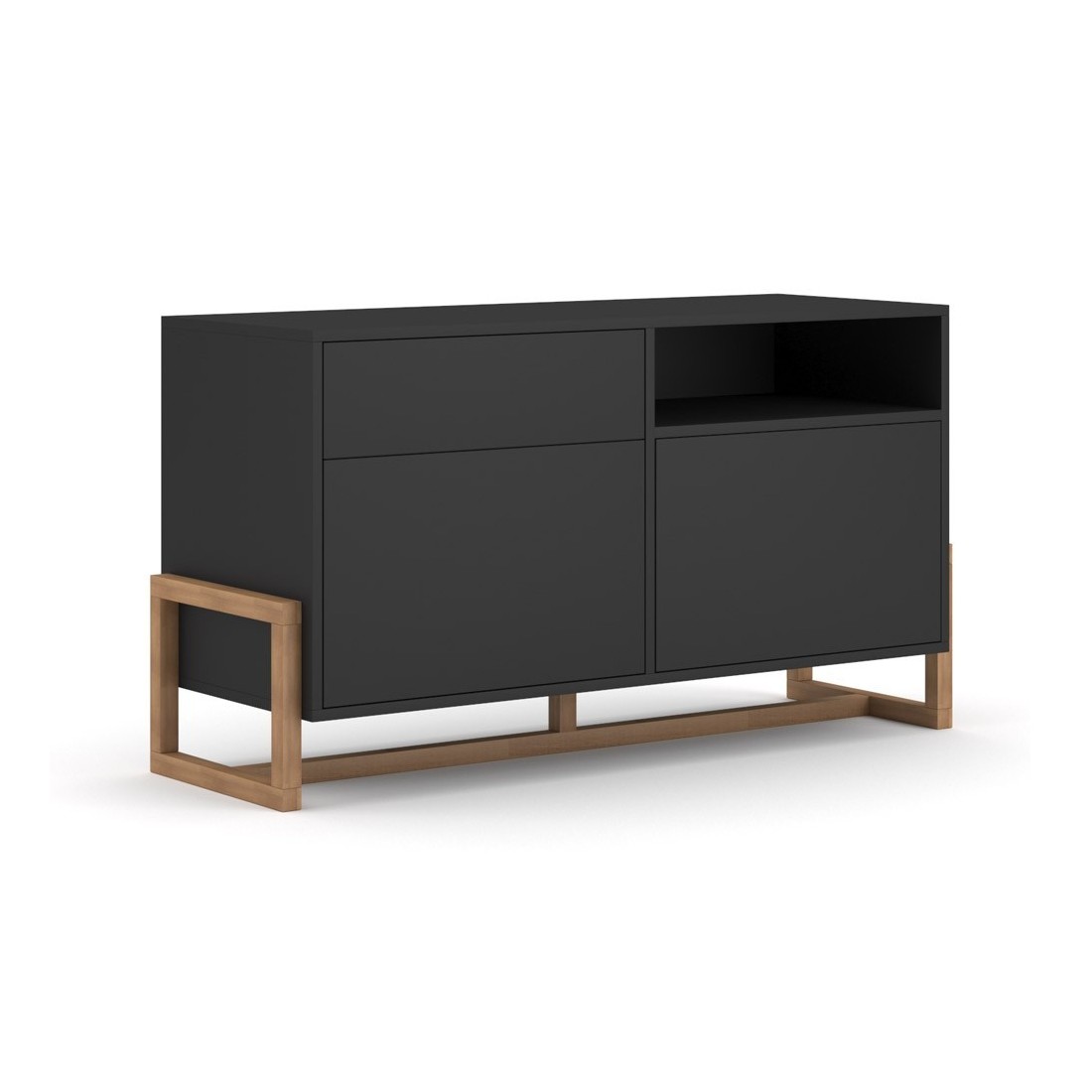 Commode design GEILO, 140 cm, 1 tiroir et 2 portes, coloris noir mat et hêtre
