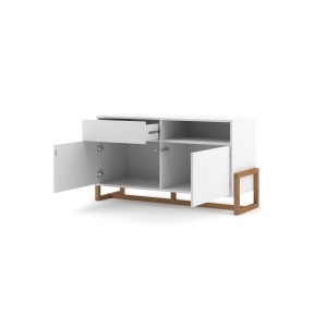 Commode design GEILO, 140 cm, 1 tiroir et 2 portes, coloris noir mat et hêtre