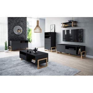 Commode design GEILO, 140 cm, 1 tiroir et 2 portes, coloris noir mat et hêtre